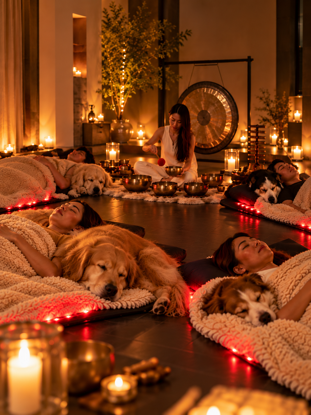 People and their dogs sharing a group sound bath on red infrared mats
