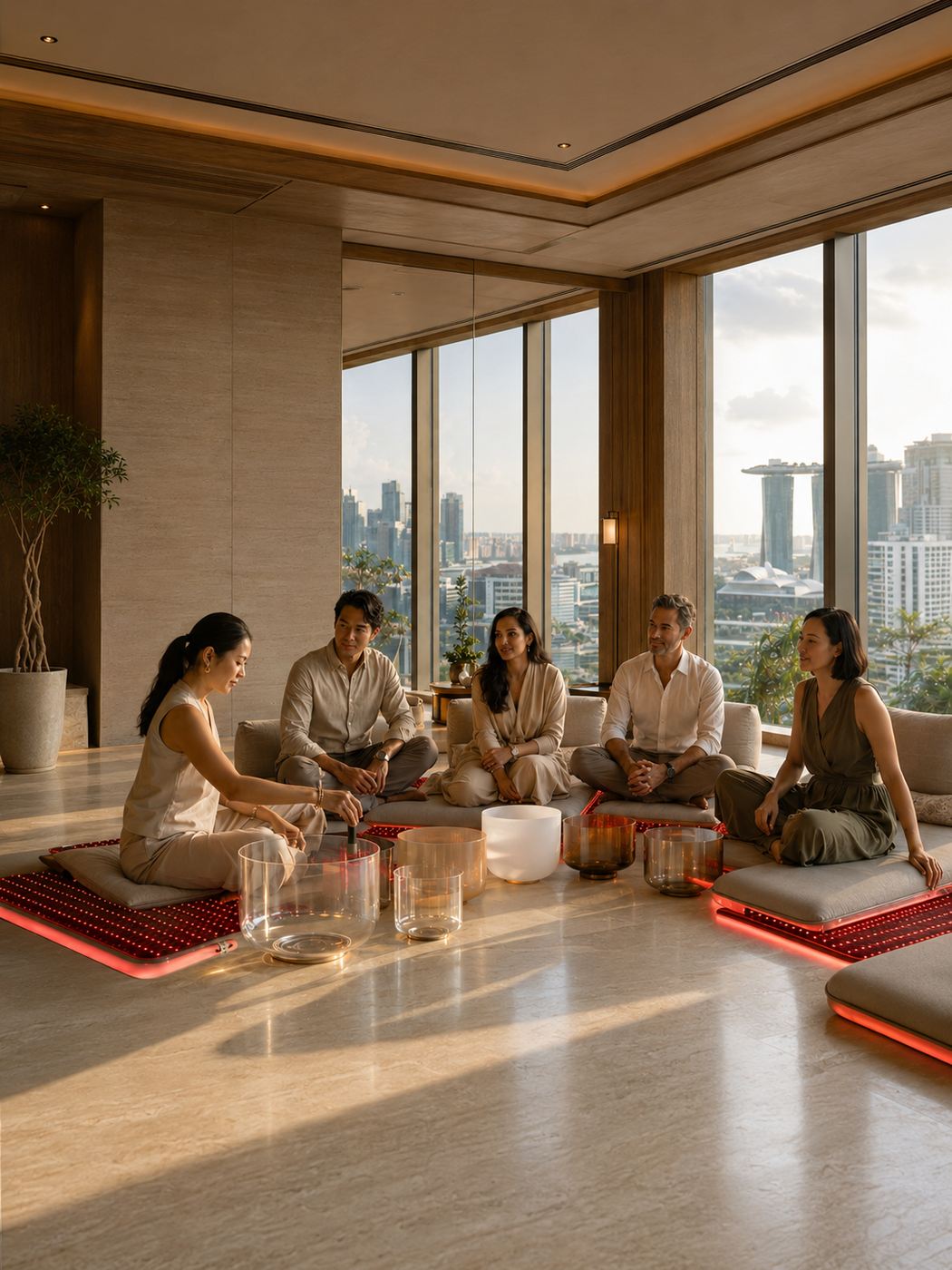 A One Moment team session — colleagues on red infrared light therapy mats with crystal singing bowls