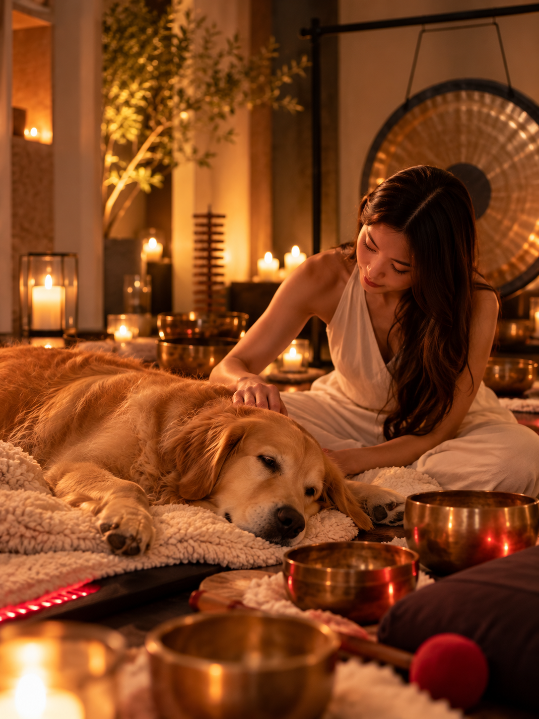 A facilitator connecting with a golden retriever beside singing bowls in a private candlelit session