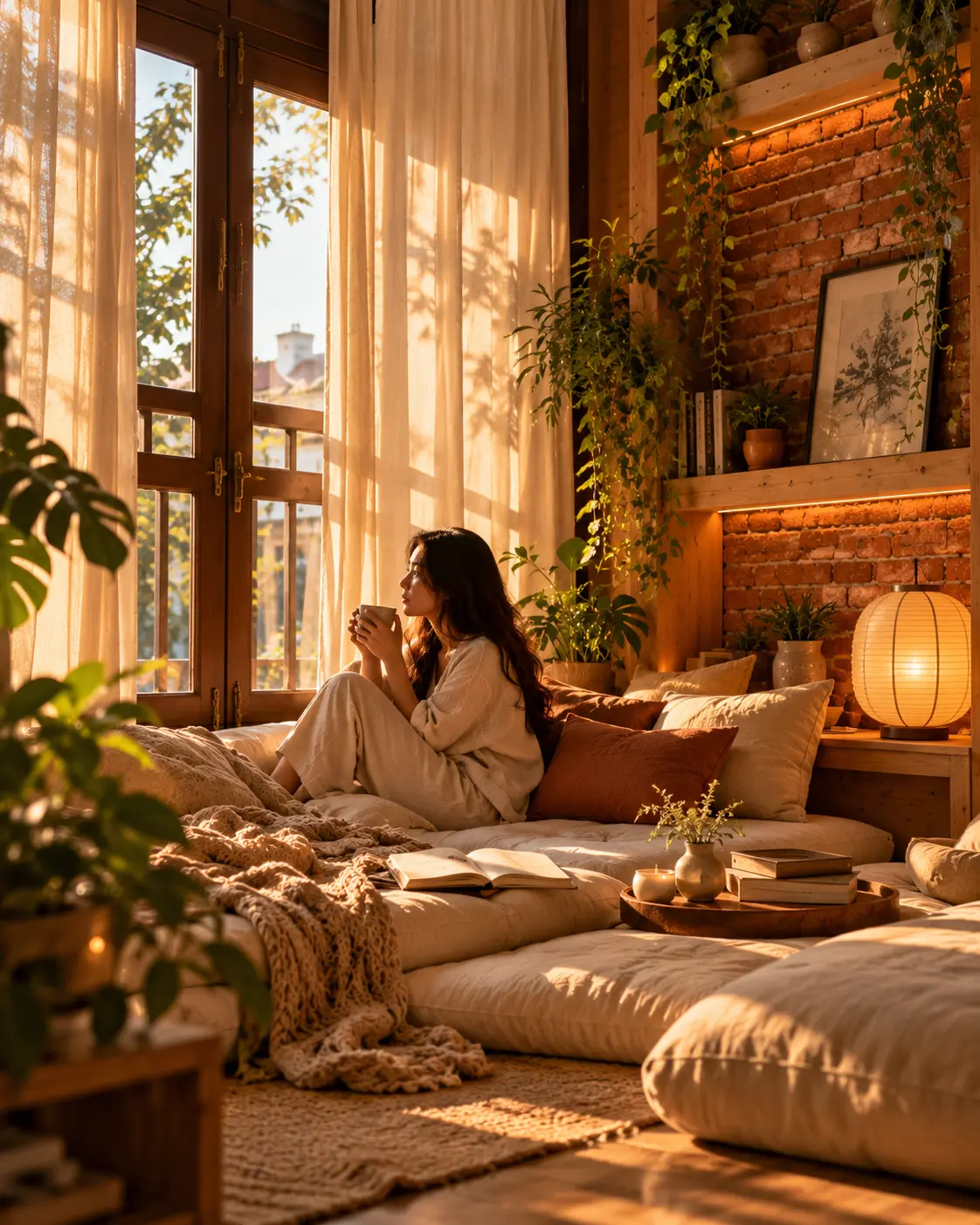 A woman resting on a tatami daybed with a warm drink in soft afternoon light