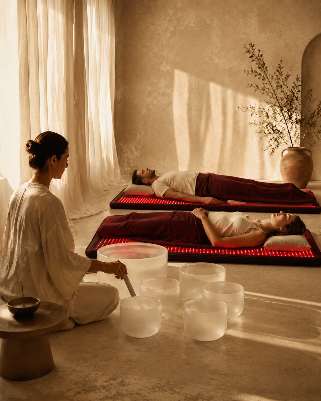 A weekly sound bath — guests resting on infrared mats among crystal bowls