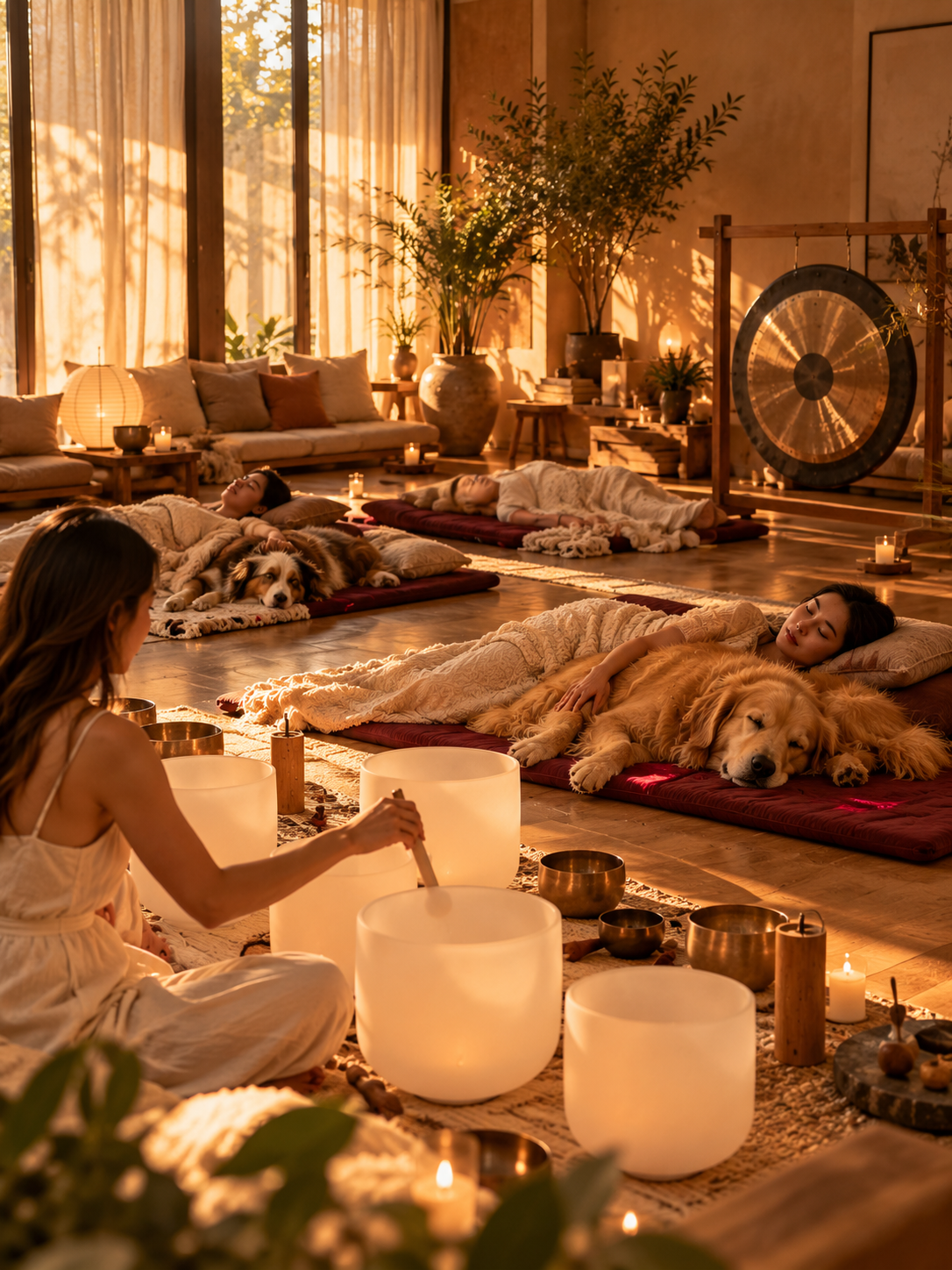 A guest relaxing beside her golden retriever on a red infrared mat during a sunlit sound bath