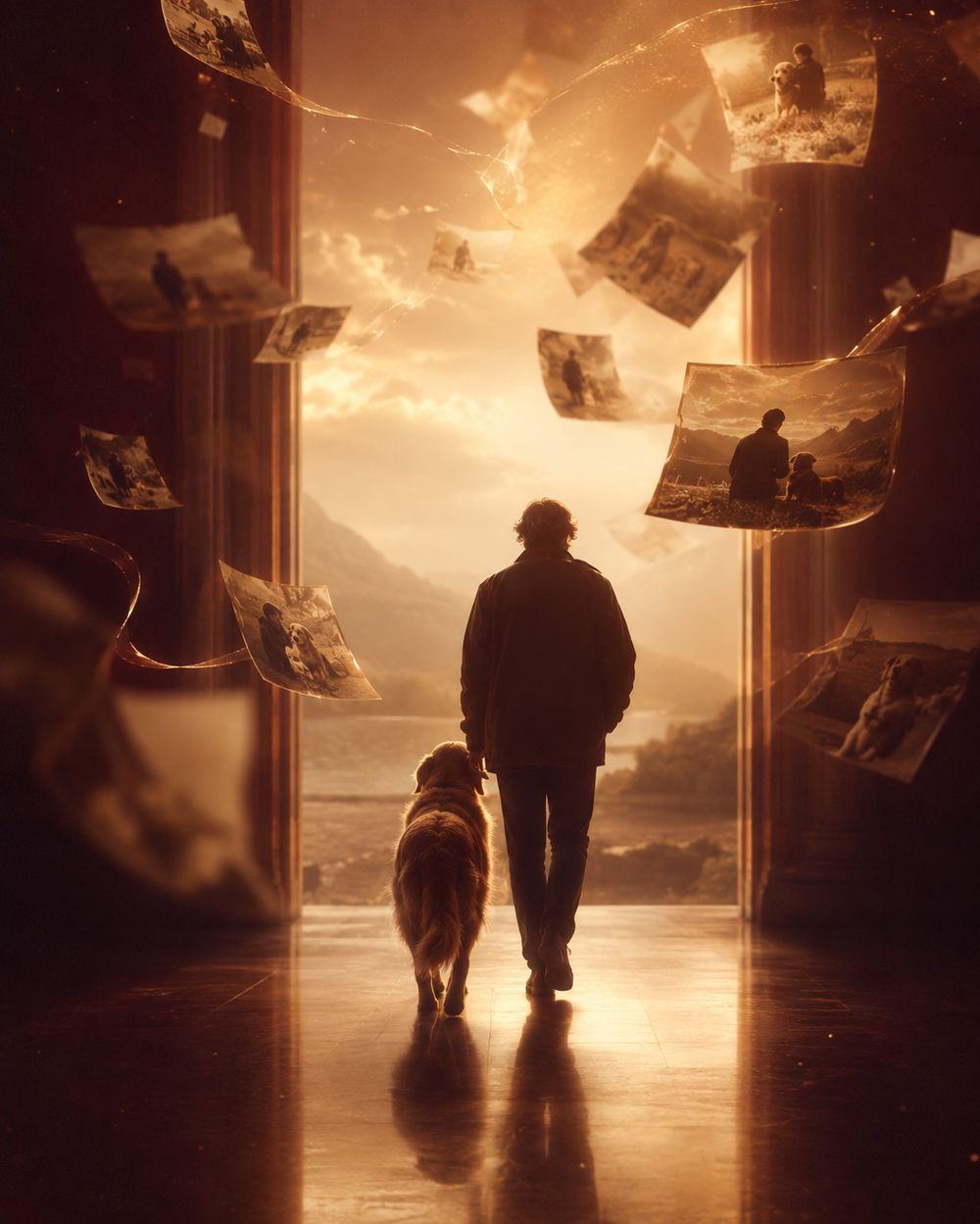 A man and his dog walking toward the light, memories suspended in the air