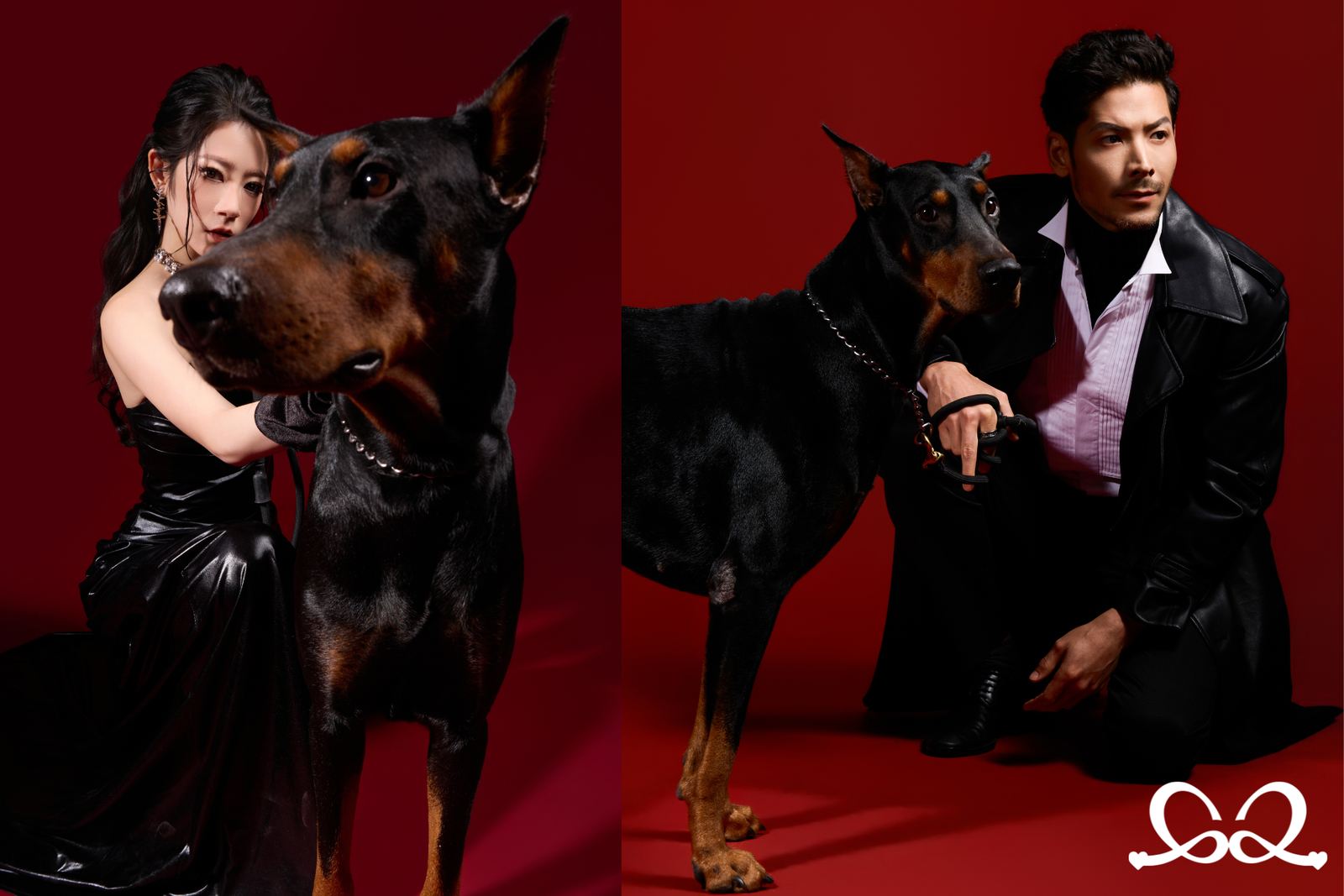 A two-part editorial spread — a woman and a man each photographed with the same Doberman on red