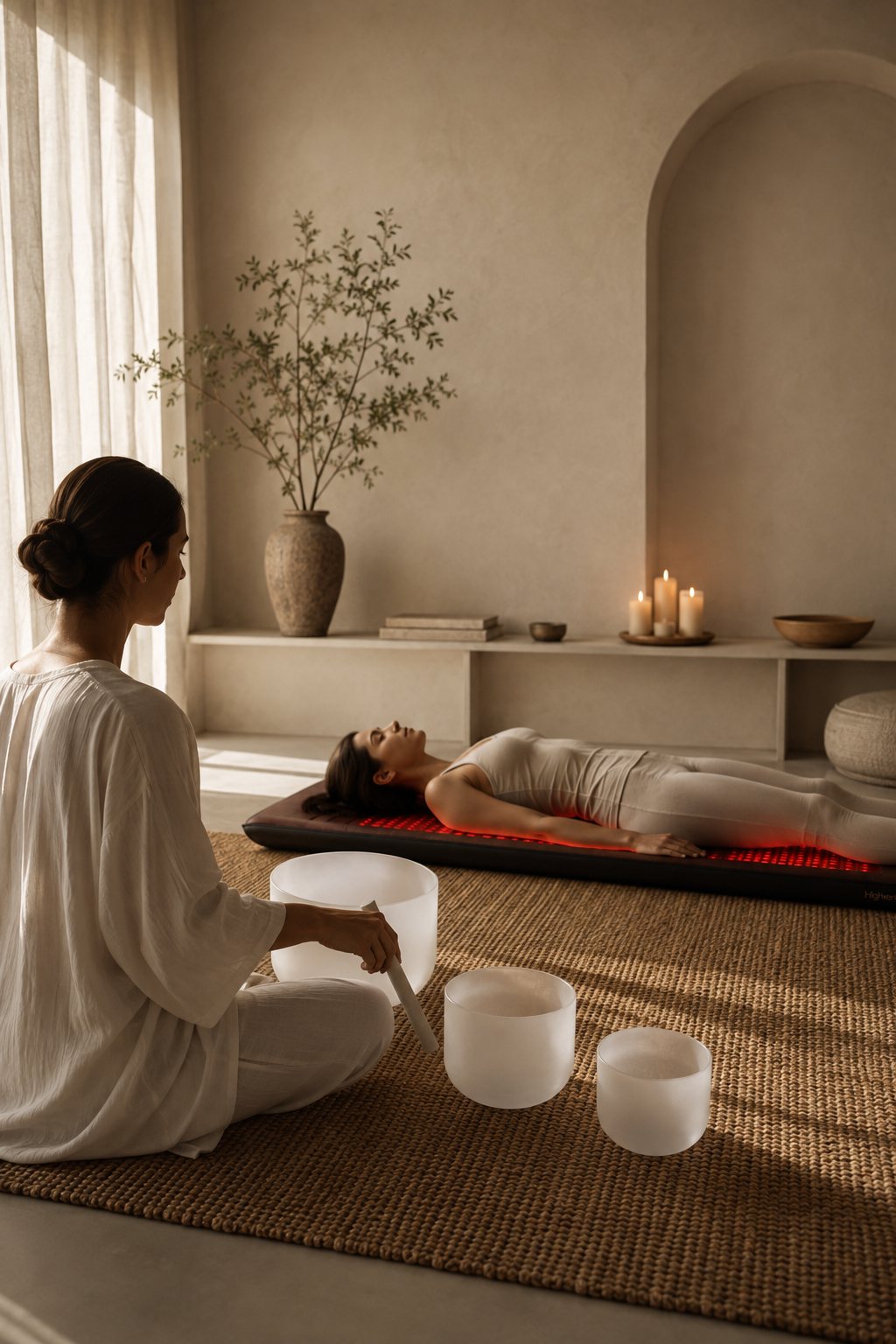 A private session — one guest resting while the practitioner plays a crystal bowl