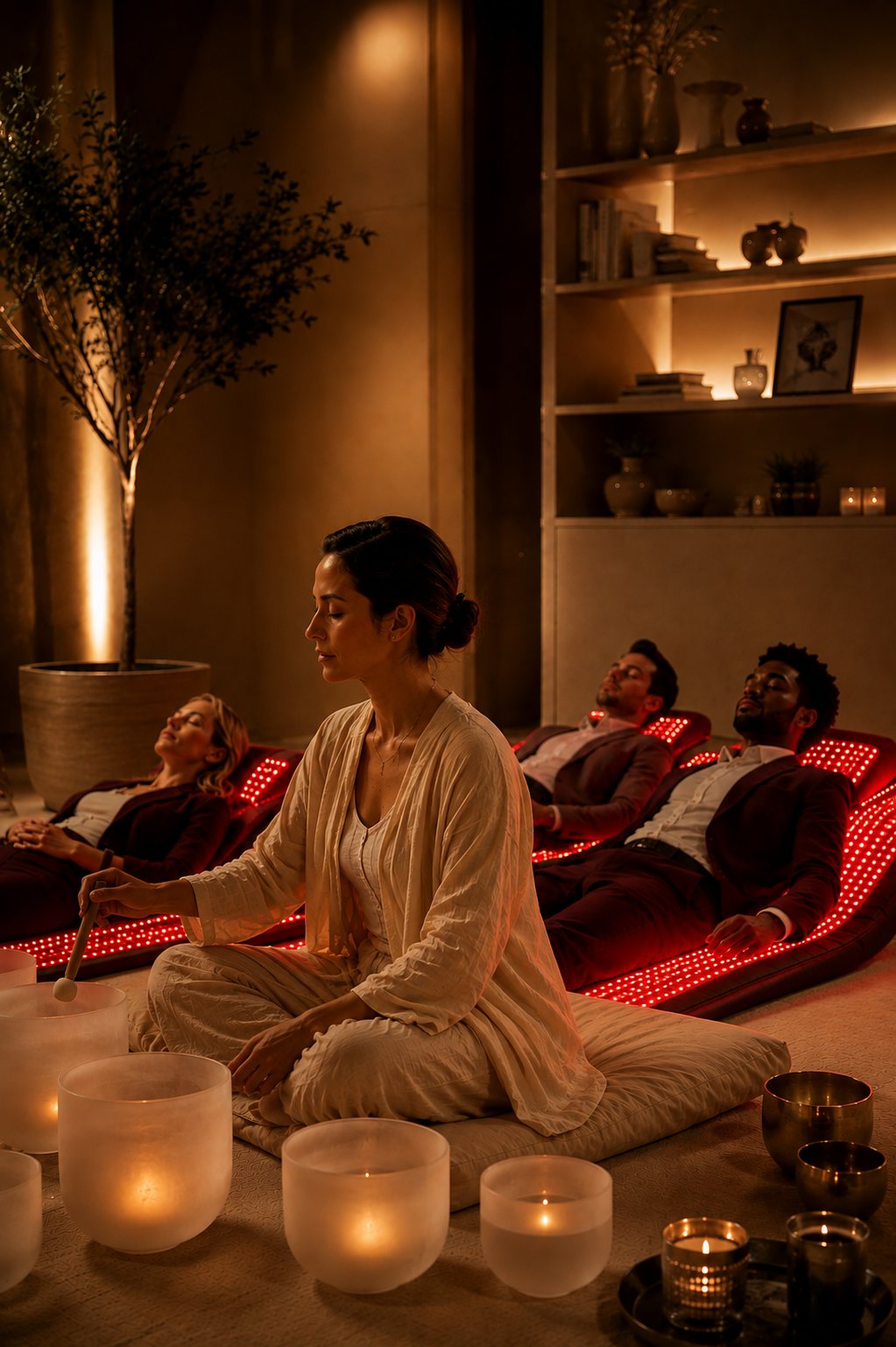 A corporate sound bath in Singapore — a team resting on infrared mats during the session