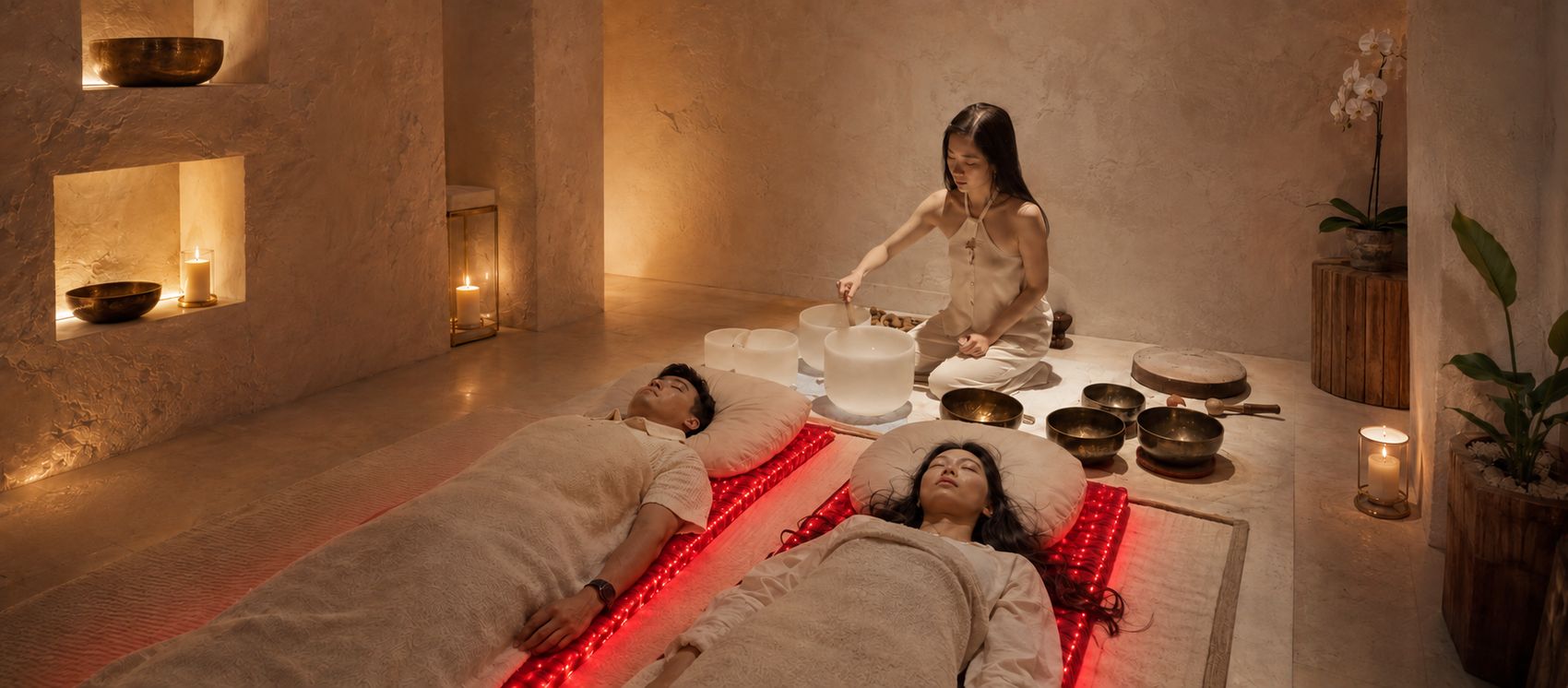 One Moment recovery experience — crystal singing bowls and red infrared light therapy mats
