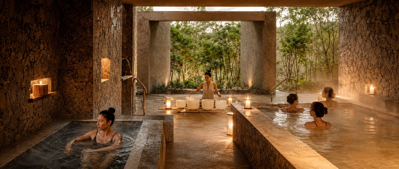 A group sound bath in Singapore — guests resting while crystal singing bowls are played