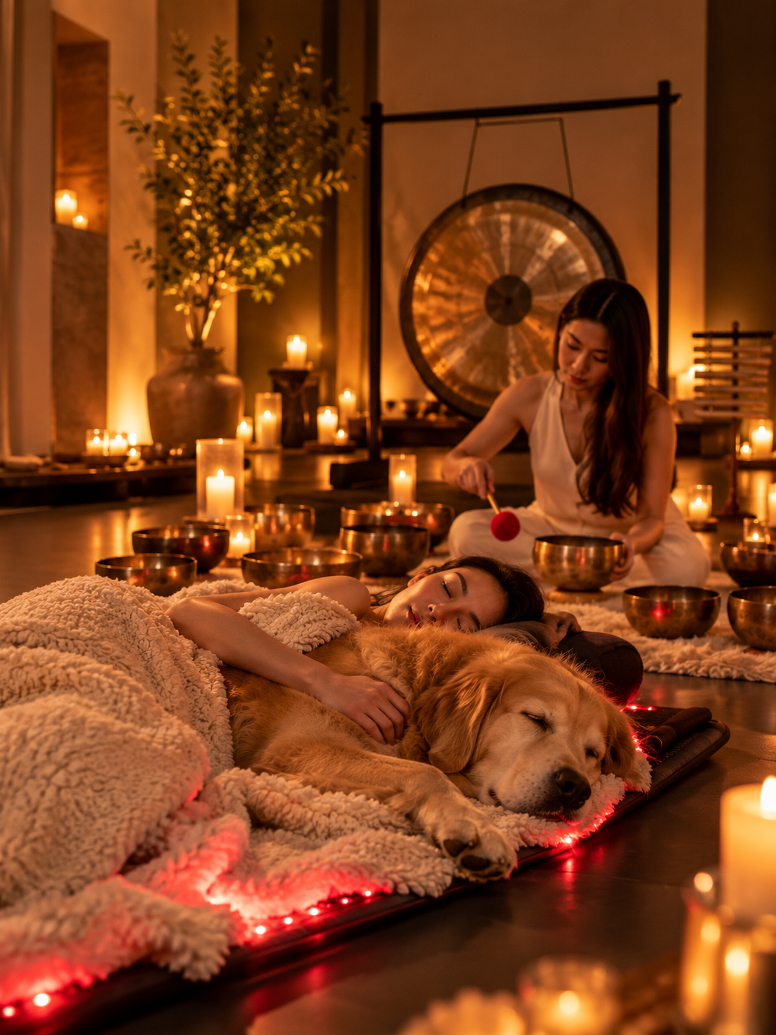 A private sound bath for a guest and golden retriever, with a facilitator and singing bowls