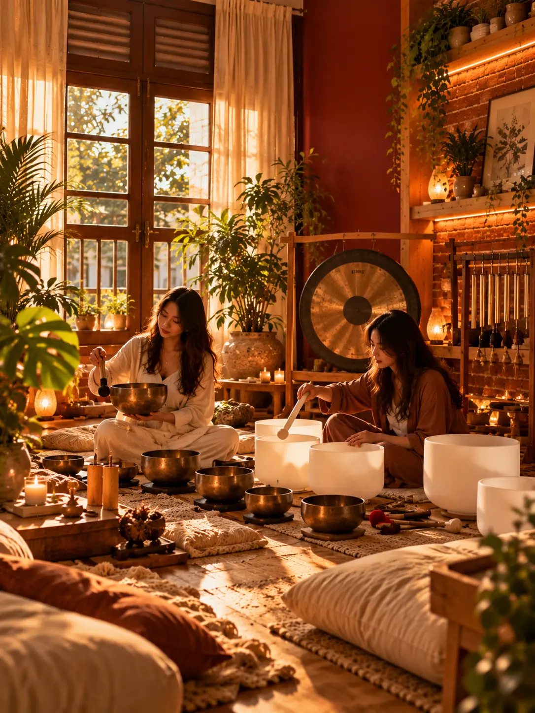 Two facilitators practising with singing bowls in front of a gong