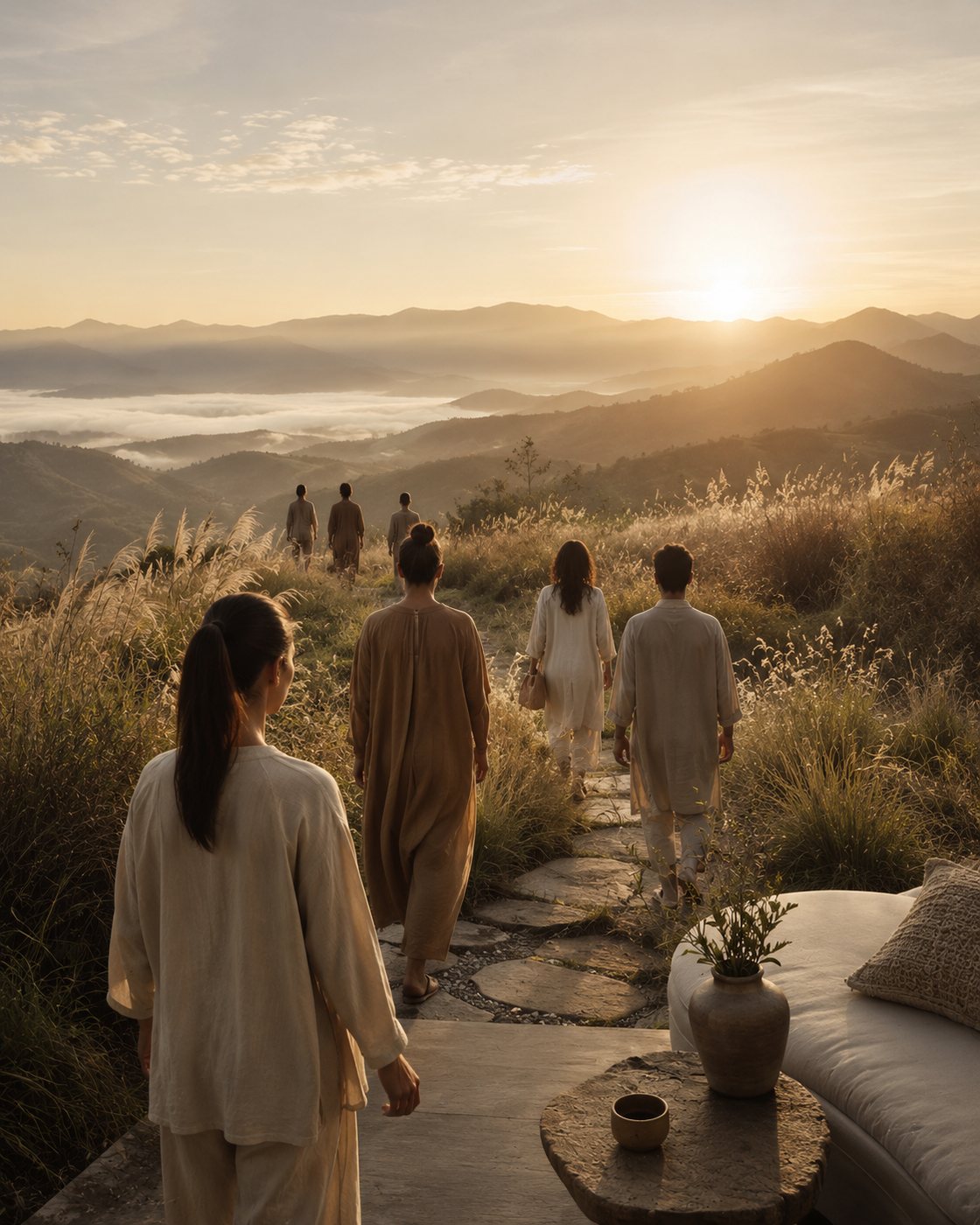 Retreat guests walking a hillside path at sunrise