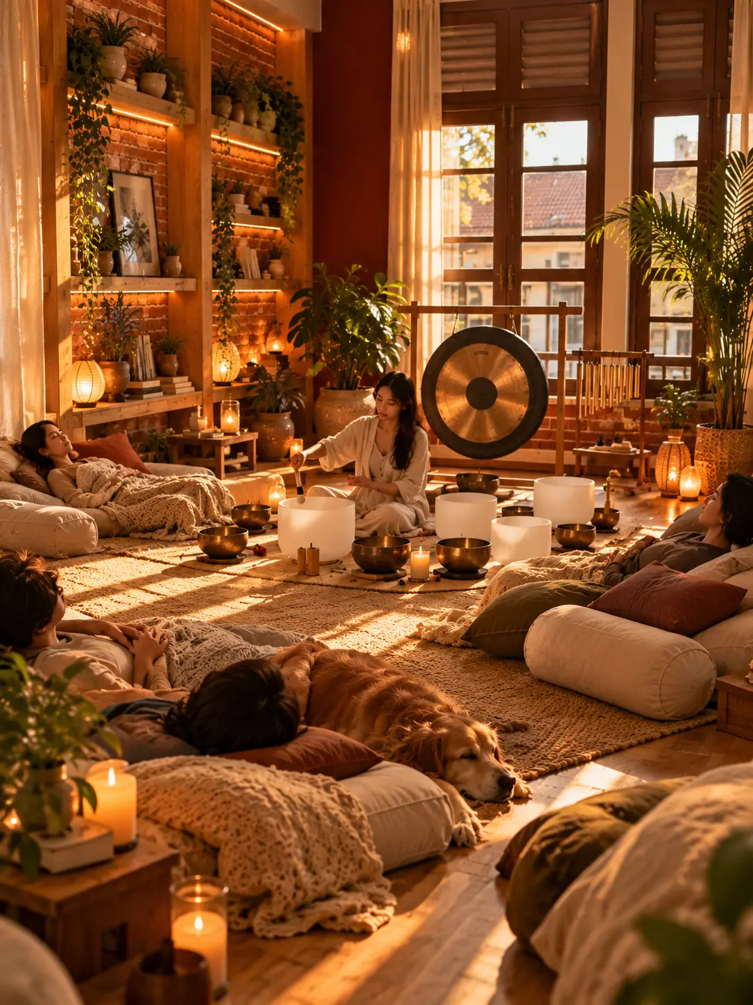 A facilitator playing crystal bowls and a gong for guests resting with a dog