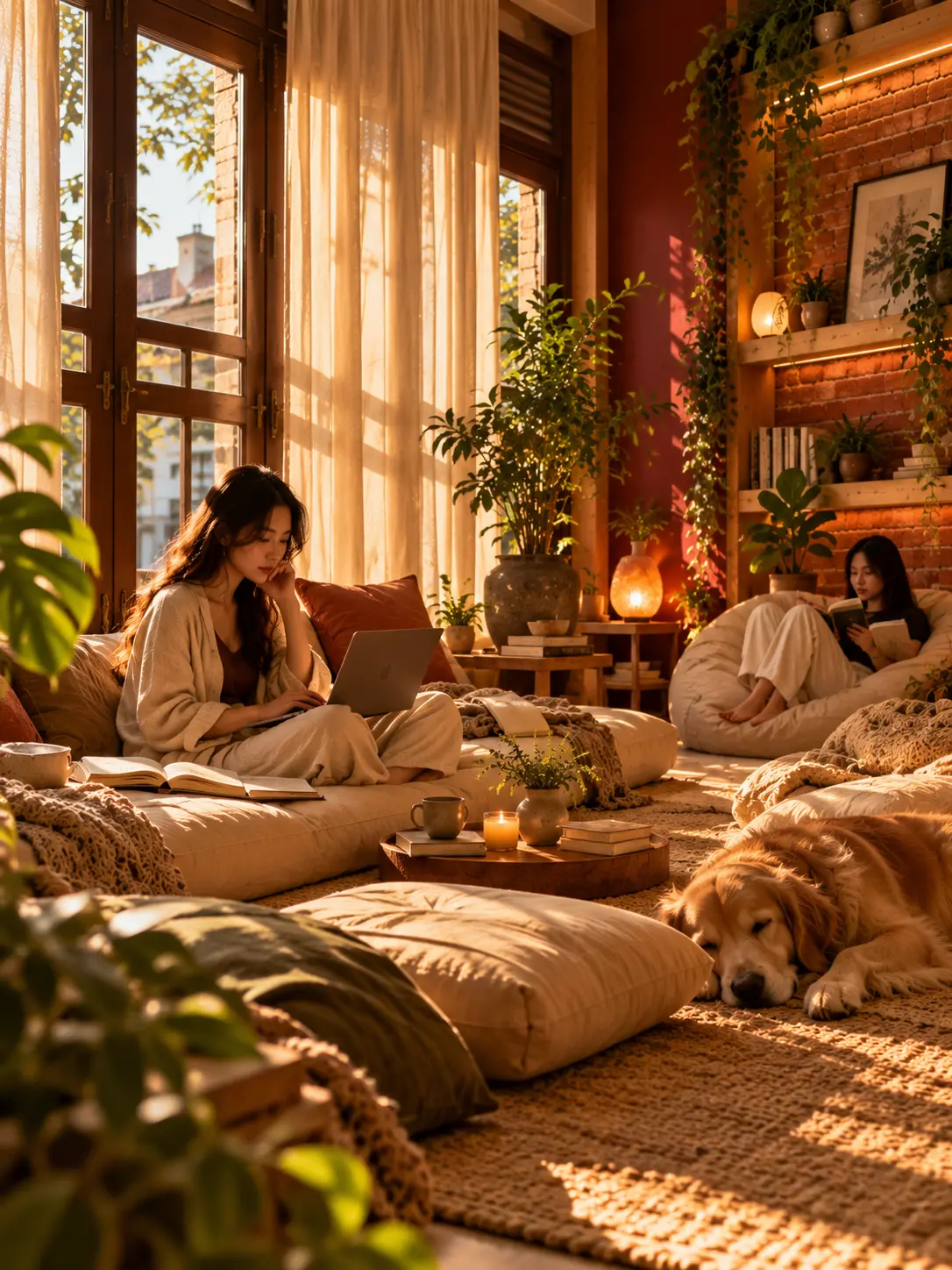 Guests reading and working on a laptop on tatami daybeds beside a sleeping golden retriever