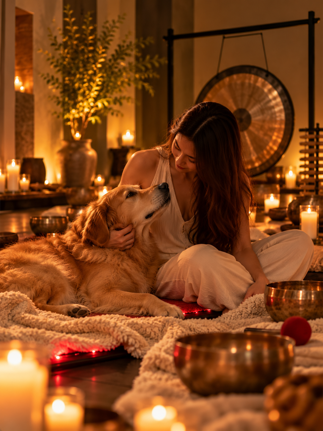 A guest resting with her golden retriever among candles and singing bowls during a private sound bath