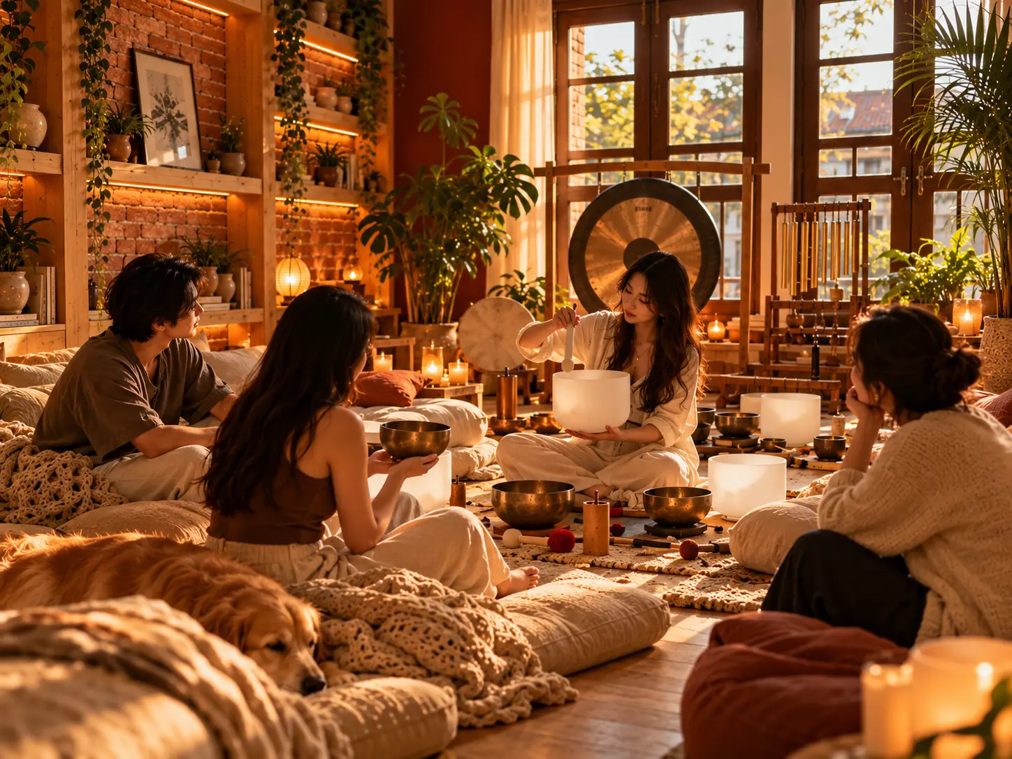 A facilitator sharing a crystal singing bowl with a small circle of creators