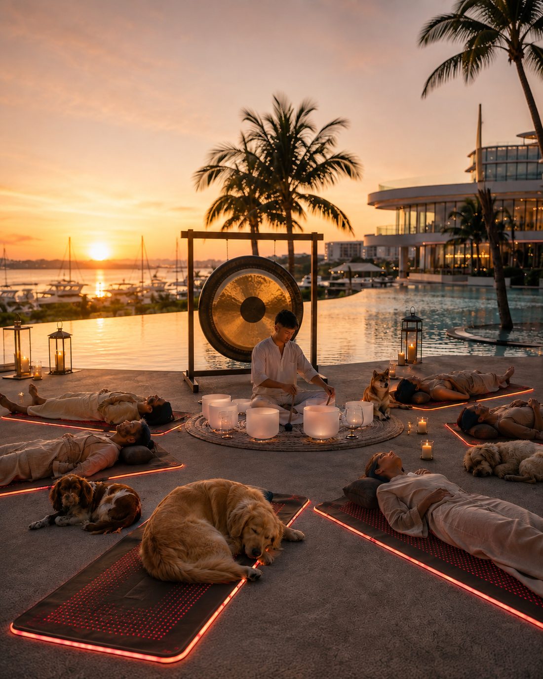 Golden Hour — walking and gathering at sunset by the water, dogs beside their people