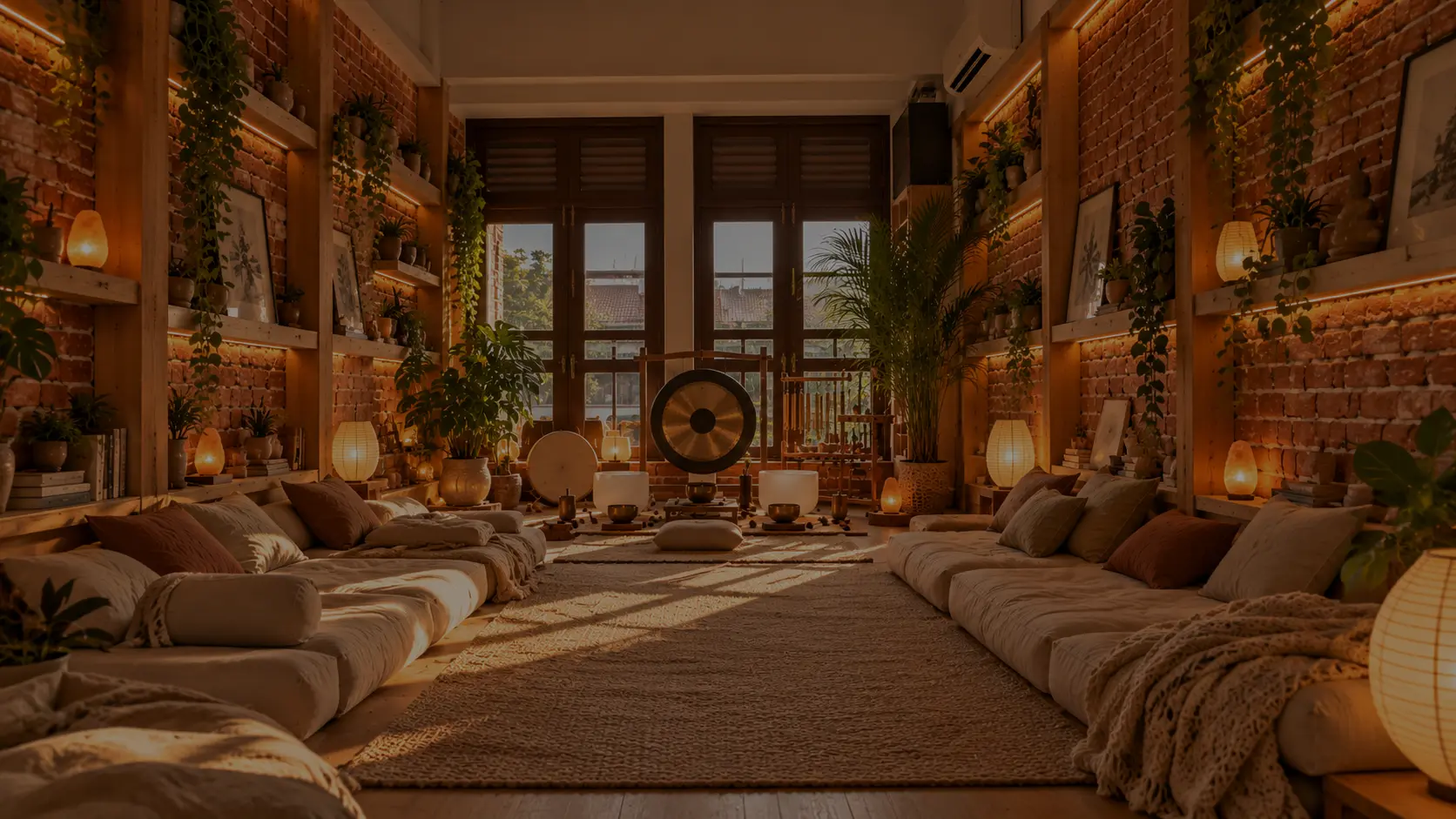 One Moment’s Joo Chiat space — warm brick walls, floor cushions, plants and a gong