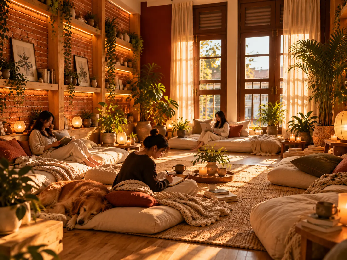 Guests reading, journaling and working on laptops across tatami daybeds in warm light